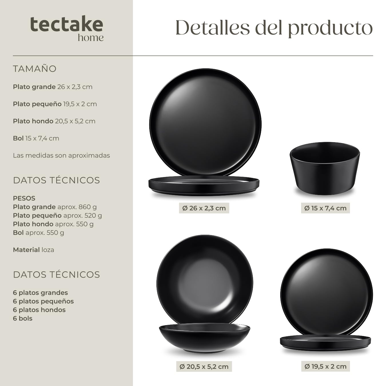 Vajilla estilo urbano Tectake® 24 Piezas Negro