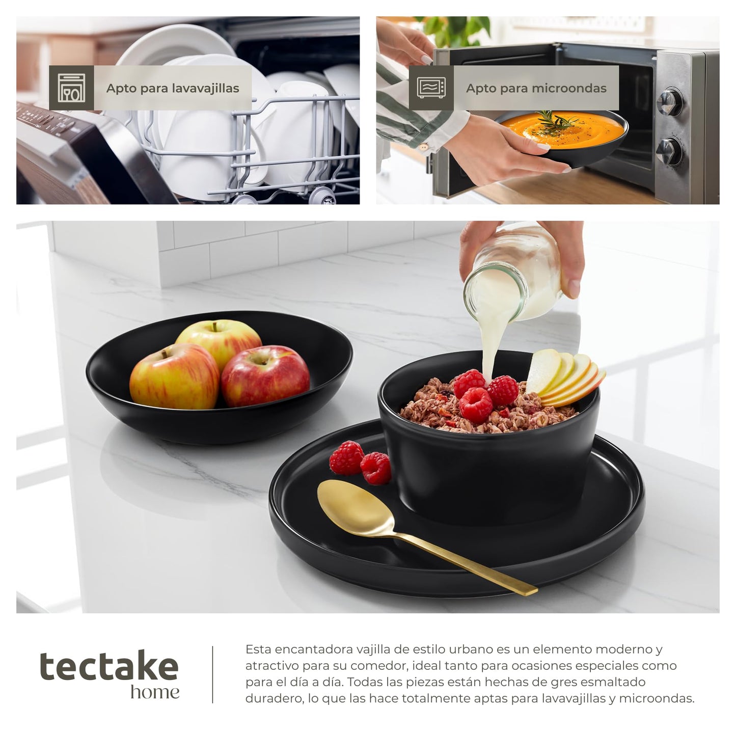 Vajilla estilo urbano Tectake® 24 Piezas Negro