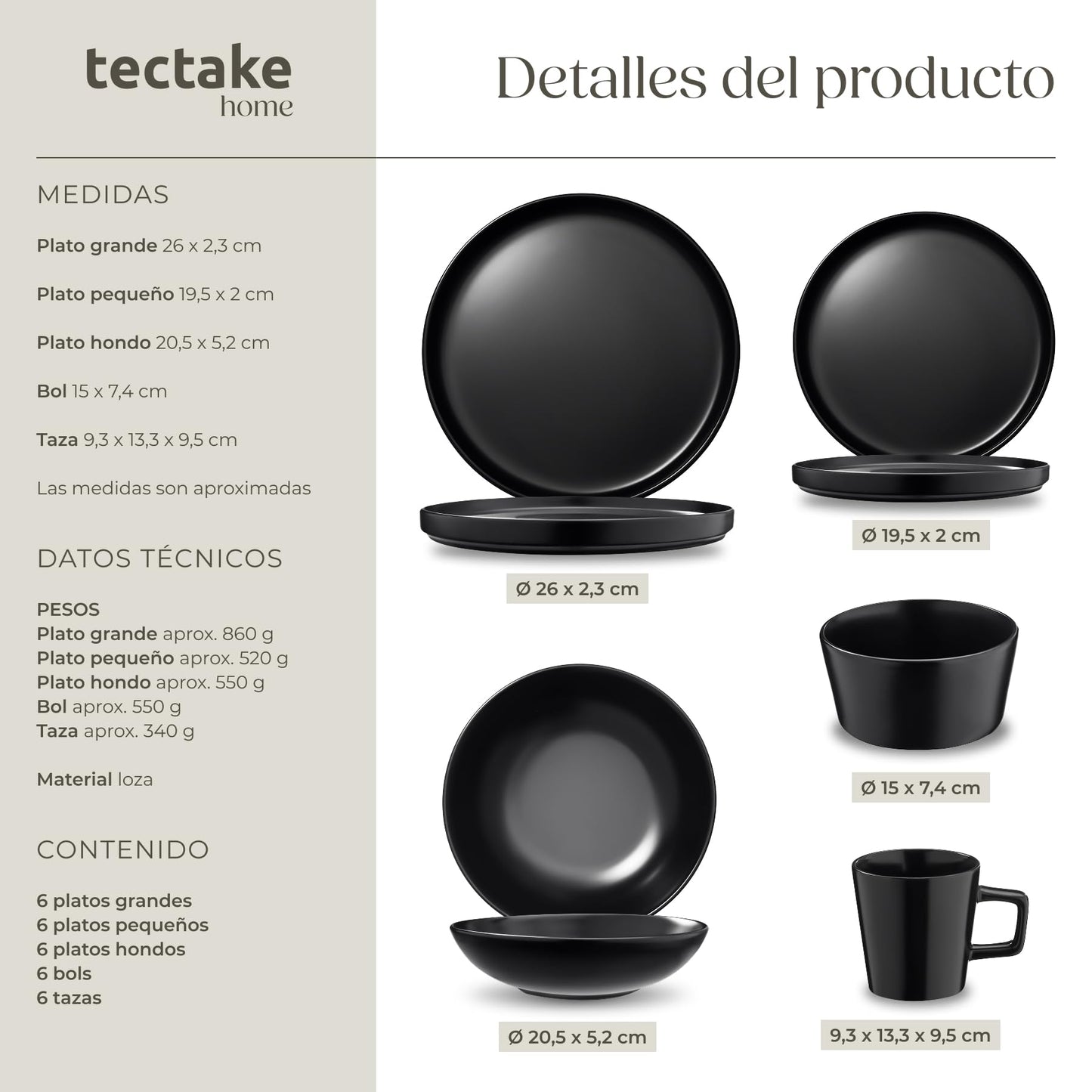Vajilla estilo urbano Tectake® 24 Piezas Negro